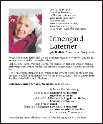 Todesanzeige von Irmengard Laterner von Vorarlberger Nachrichten