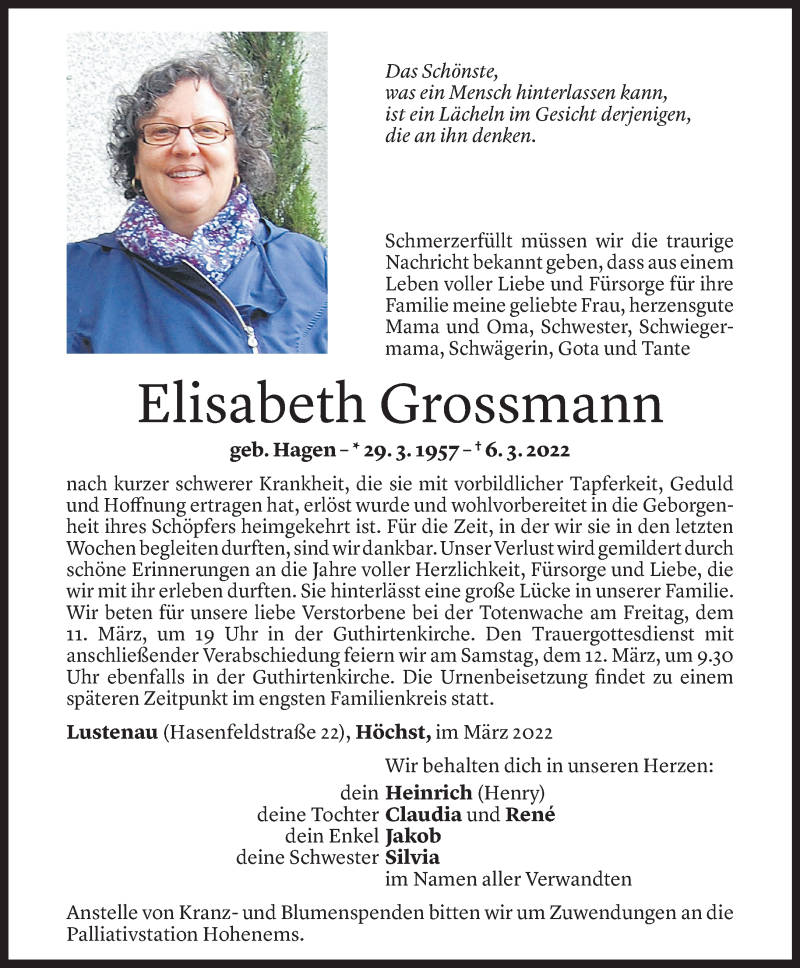  Todesanzeige für Elisabeth Grossmann vom 09.03.2022 aus Vorarlberger Nachrichten