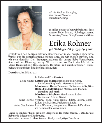 Todesanzeige von Erika Rohner von Vorarlberger Nachrichten