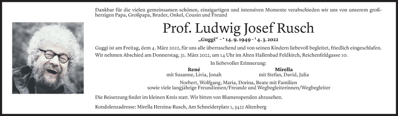  Todesanzeige für Ludwig Josef Rusch vom 27.03.2022 aus Vorarlberger Nachrichten
