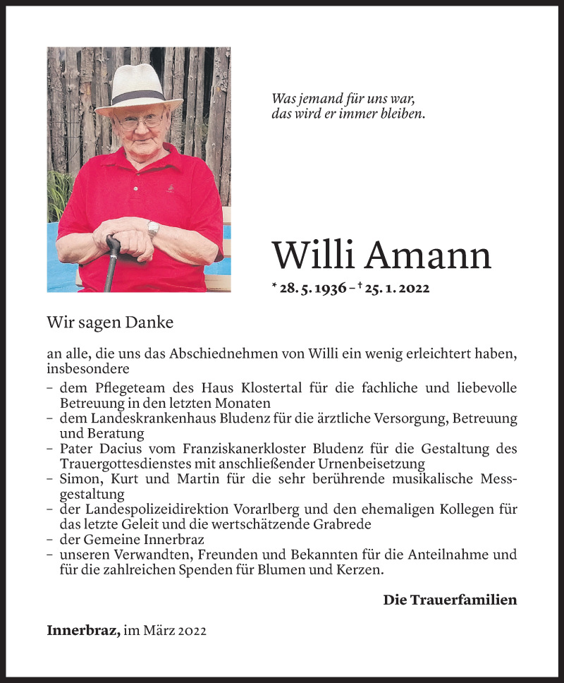  Todesanzeige für Willi Amann vom 02.03.2022 aus Vorarlberger Nachrichten