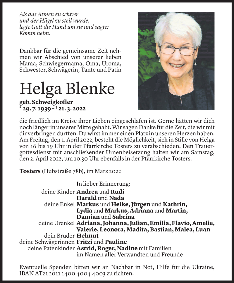  Todesanzeige für Helga Blenke vom 29.03.2022 aus Vorarlberger Nachrichten
