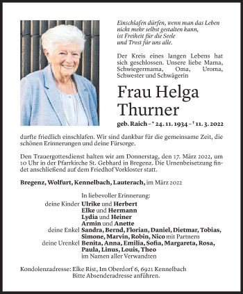 Todesanzeige von Helga Thurner von Vorarlberger Nachrichten