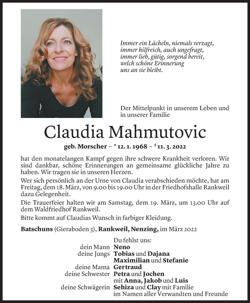  Todesanzeige für Claudia Mahmutovic vom 16.03.2022 aus Vorarlberger Nachrichten