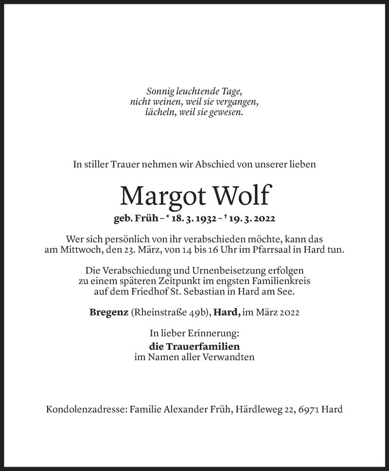  Todesanzeige für Margot Wolf vom 22.03.2022 aus vorarlberger nachrichten