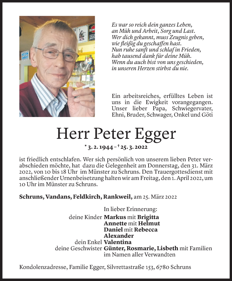  Todesanzeige für Peter Egger vom 28.03.2022 aus vorarlberger nachrichten