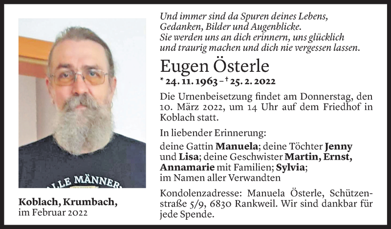  Todesanzeige für Eugen Österle vom 04.03.2022 aus Vorarlberger Nachrichten