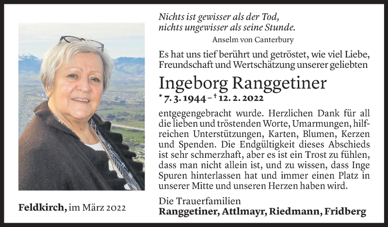  Todesanzeige für Ingeborg Ranggetiner vom 06.03.2022 aus Vorarlberger Nachrichten