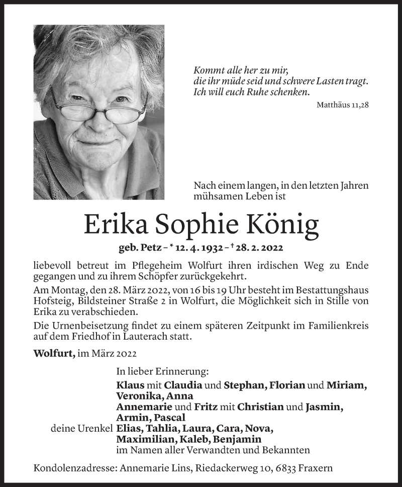 Todesanzeigen von Erika Sophie König | Todesanzeigen Vorarlberger ...