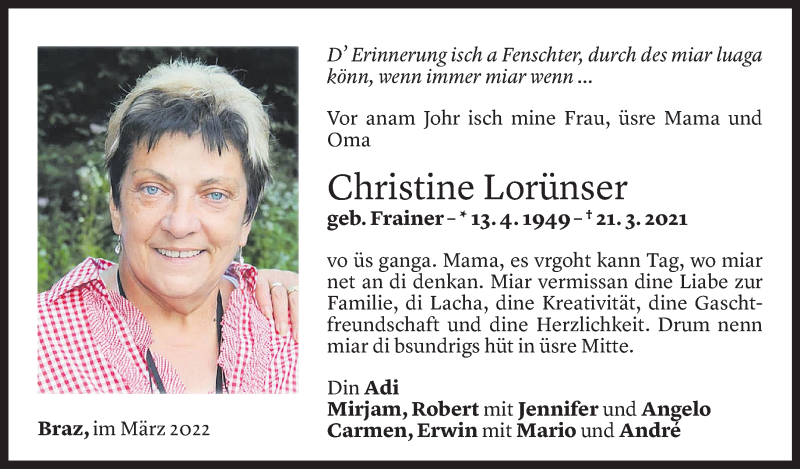 Todesanzeige für Christine Lorünser vom 20.03.2022 aus Vorarlberger Nachrichten