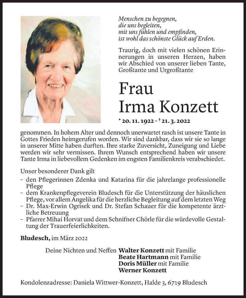  Todesanzeige für Irma Konzett vom 26.03.2022 aus Vorarlberger Nachrichten