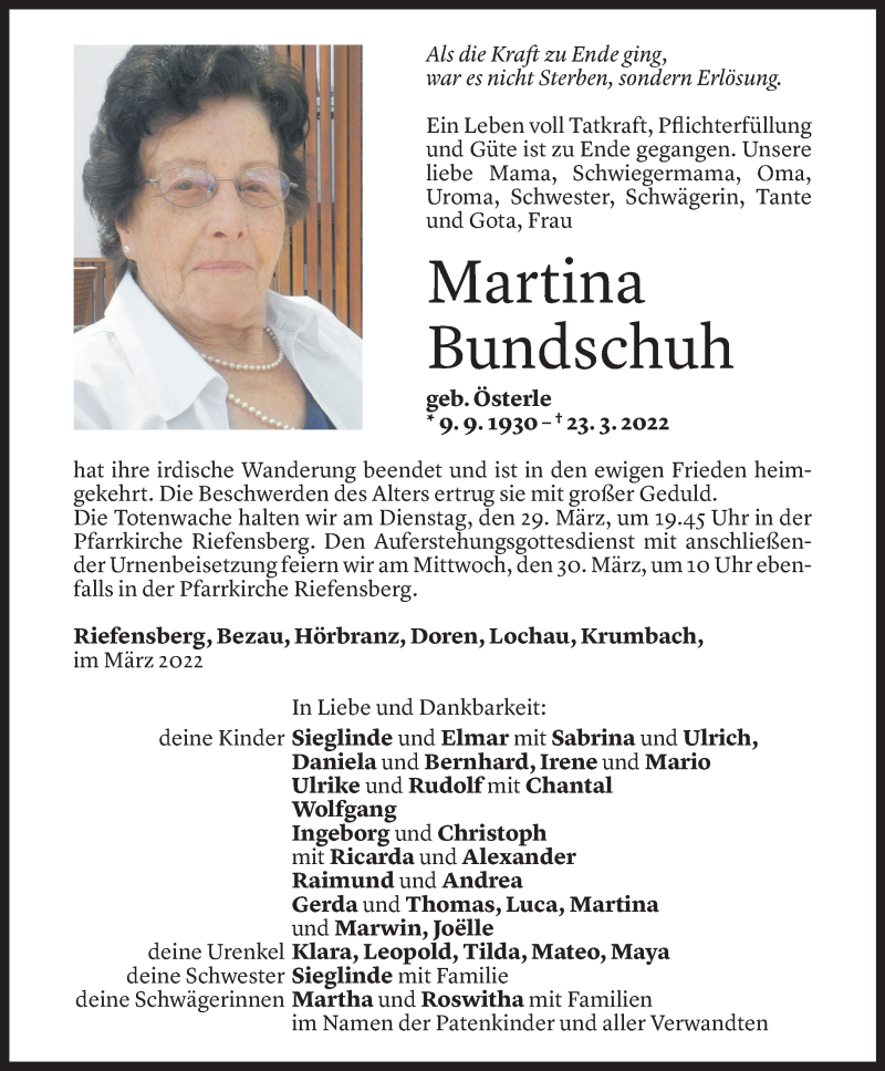  Todesanzeige für Martina Bundschuh vom 25.03.2022 aus Vorarlberger Nachrichten
