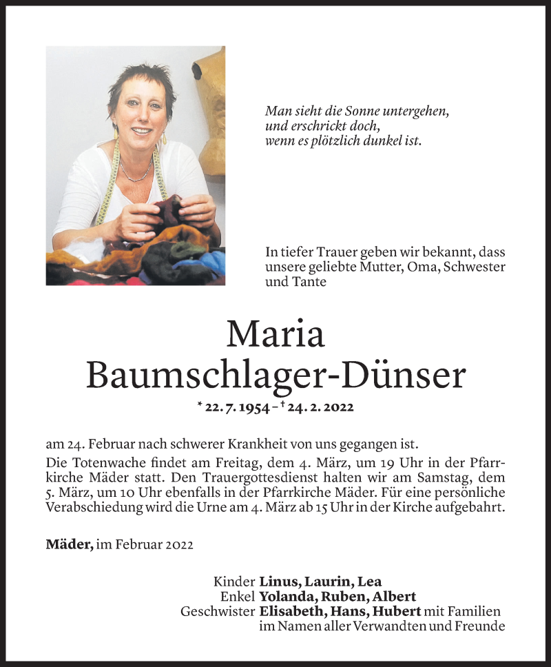  Todesanzeige für Maria Baumschlager-Dünser vom 02.03.2022 aus Vorarlberger Nachrichten