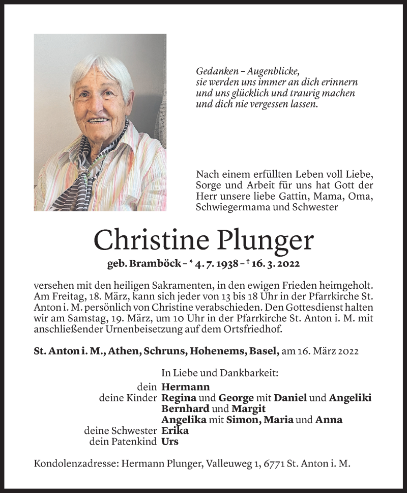 Todesanzeige für Christine Plunger vom 16.03.2022 aus Vorarlberger Nachrichten