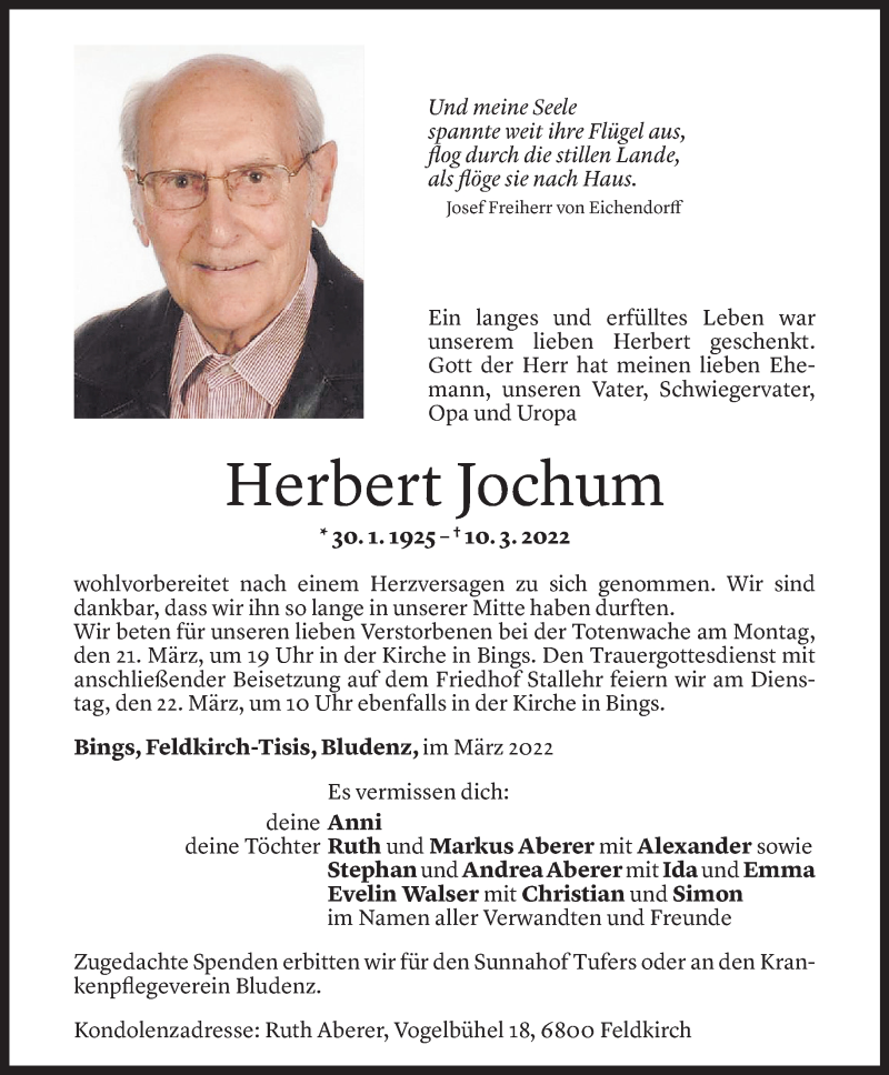  Todesanzeige für Herbert Jochum vom 18.03.2022 aus Vorarlberger Nachrichten