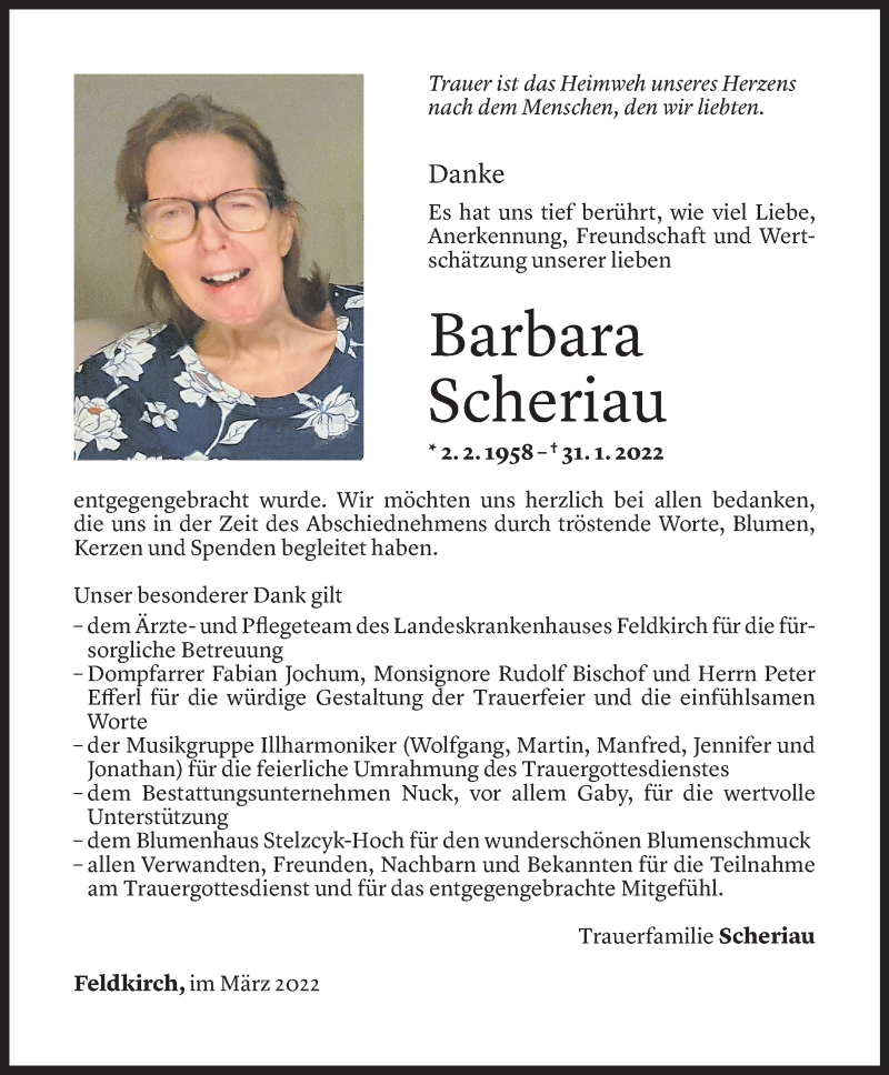  Todesanzeige für Barbara Scheriau vom 04.03.2022 aus Vorarlberger Nachrichten
