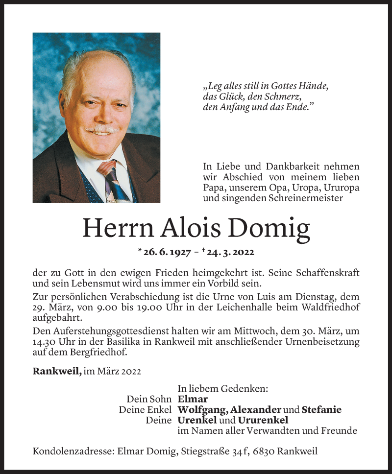  Todesanzeige für Alois Domig vom 28.03.2022 aus Vorarlberger Nachrichten
