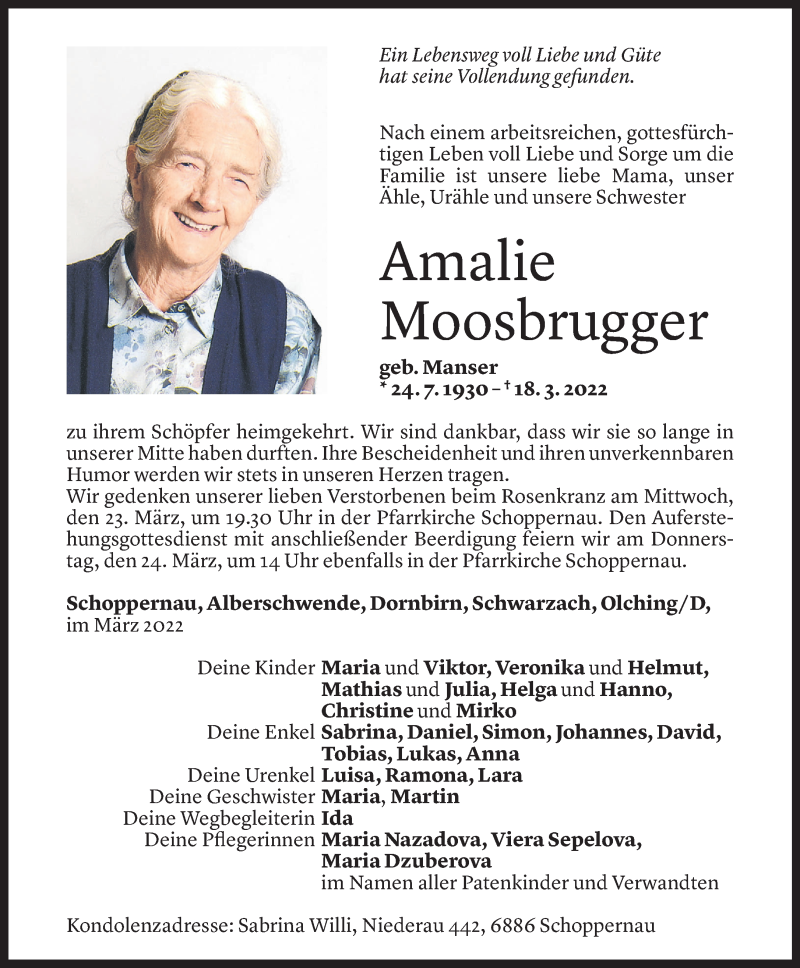  Todesanzeige für Amalie Moosbrugger vom 21.03.2022 aus vorarlberger nachrichten