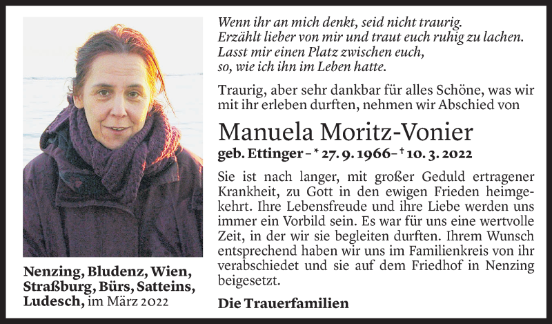  Todesanzeige für Manuela Moritz-Vonier vom 19.03.2022 aus Vorarlberger Nachrichten