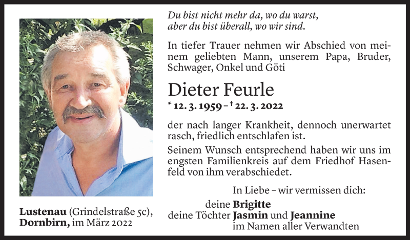  Todesanzeige für Dieter Feurle vom 01.04.2022 aus Vorarlberger Nachrichten