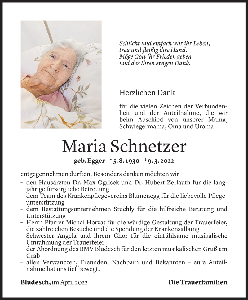  Todesanzeige für Maria Schnetzer vom 01.04.2022 aus Vorarlberger Nachrichten