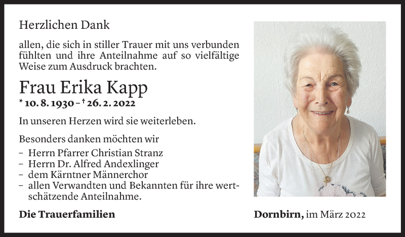  Todesanzeige für Erika Kapp vom 24.03.2022 aus Vorarlberger Nachrichten