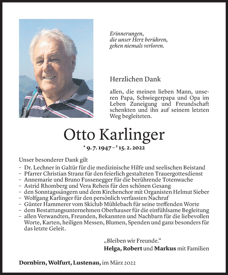 Todesanzeige für Otto Karlinger vom 08.03.2022 aus Vorarlberger Nachrichten