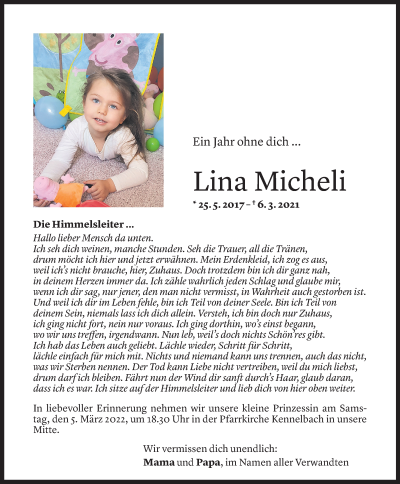  Todesanzeige für Lina Micheli vom 02.03.2022 aus Vorarlberger Nachrichten