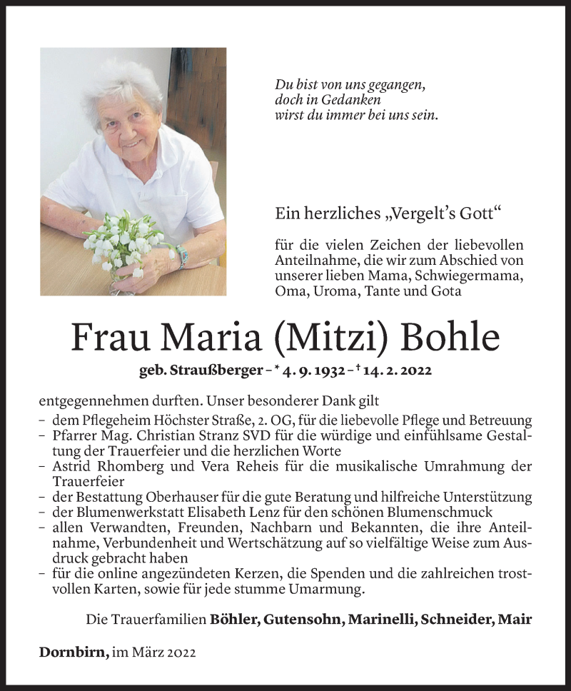 Todesanzeige für Maria Bohle vom 10.03.2022 aus Vorarlberger Nachrichten
