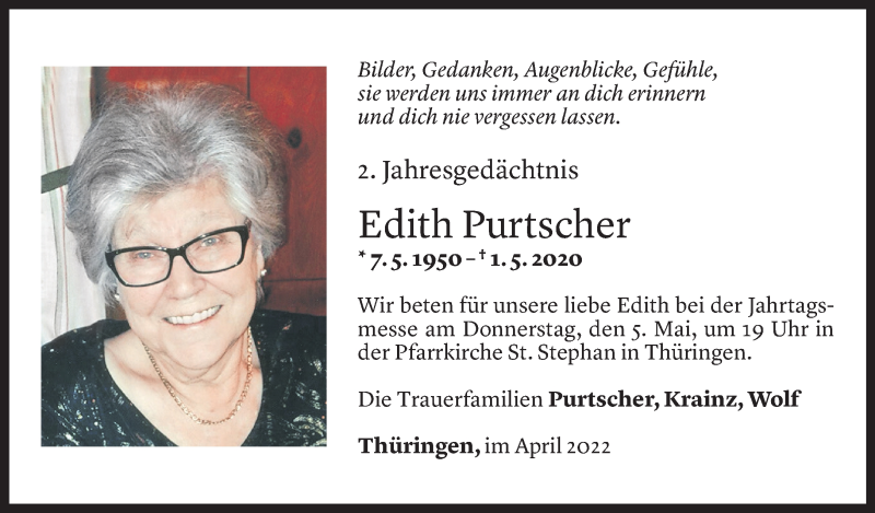  Todesanzeige für Edith Purtscher vom 29.04.2022 aus Vorarlberger Nachrichten