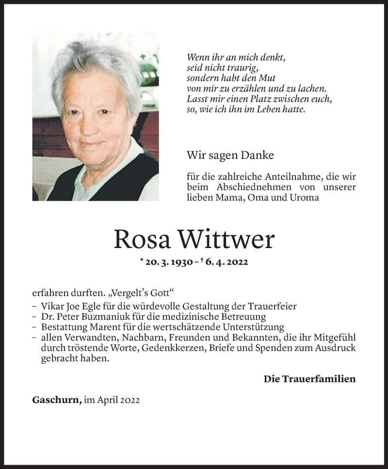 Todesanzeige für Rosa Wittwer vom 29.04.2022 aus Vorarlberger Nachrichten