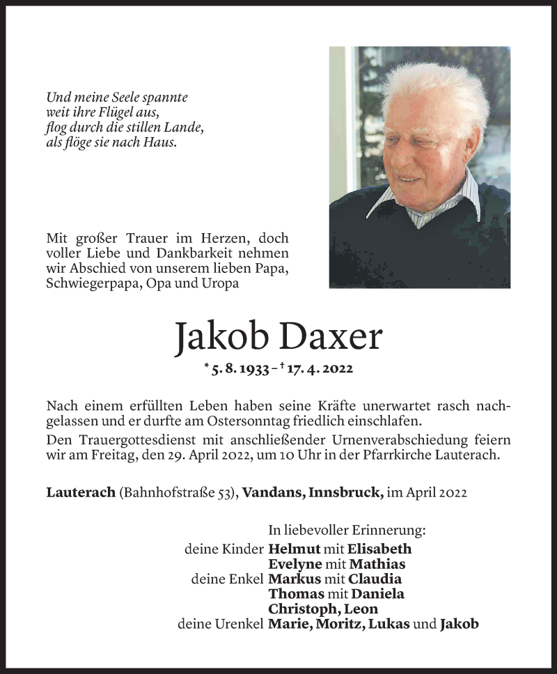  Todesanzeige für Jakob Daxer vom 26.04.2022 aus vorarlberger nachrichten