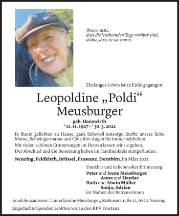 Todesanzeige von Leopoldine Meusburger von vorarlberger nachrichten