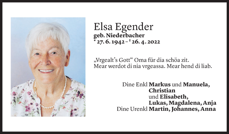  Todesanzeige für Elsa Egender vom 27.04.2022 aus Vorarlberger Nachrichten