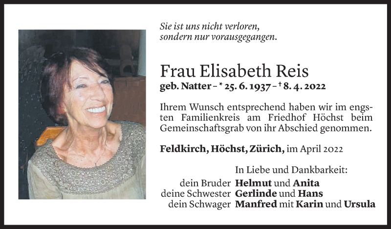 Todesanzeige für Elisabeth Reis vom 29.04.2022 aus Vorarlberger Nachrichten