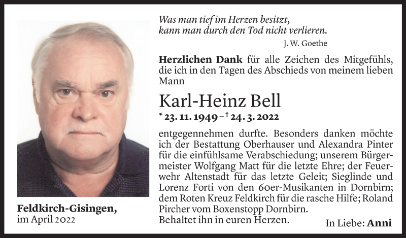  Todesanzeige für Karl-Heinz Bell vom 06.04.2022 aus vorarlberger nachrichten