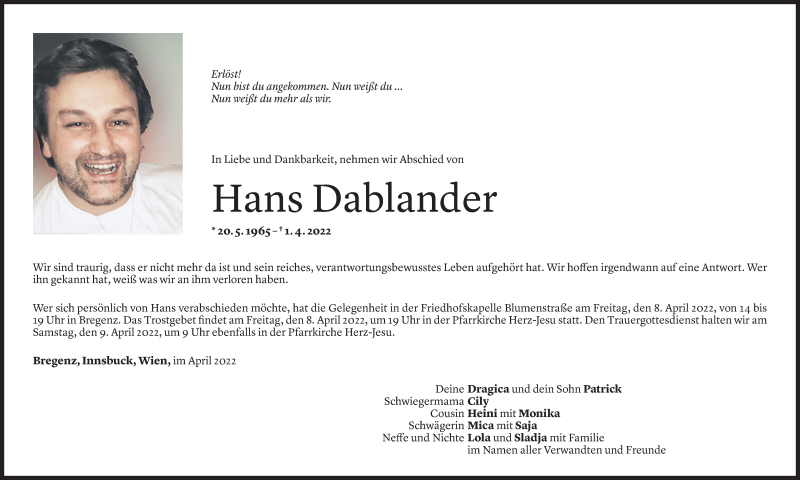  Todesanzeige für Hans Dablander vom 05.04.2022 aus Vorarlberger Nachrichten
