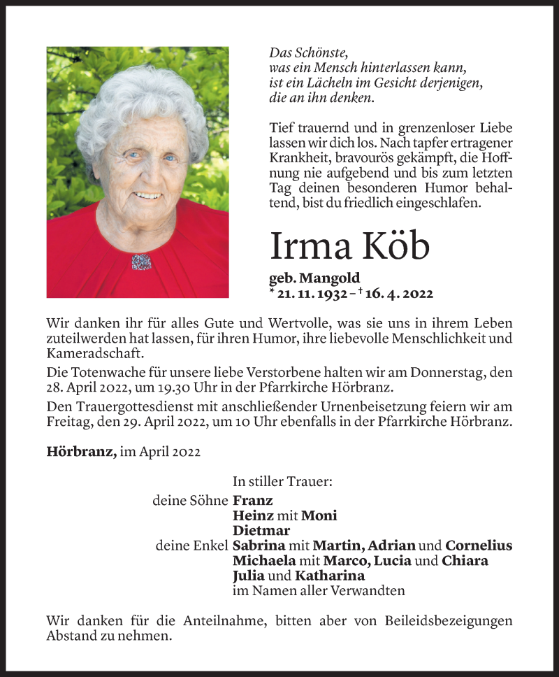  Todesanzeige für Irma Köb vom 24.04.2022 aus Vorarlberger Nachrichten