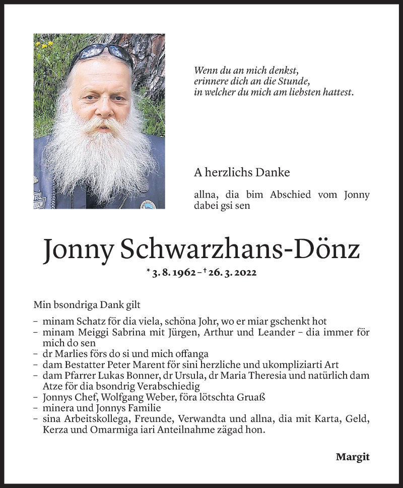  Todesanzeige für Johann Schwarzhans-Dönz vom 21.04.2022 aus Vorarlberger Nachrichten