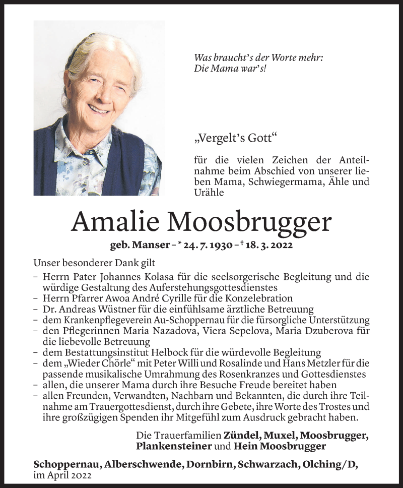  Todesanzeige für Amalie Moosbrugger vom 14.04.2022 aus vorarlberger nachrichten