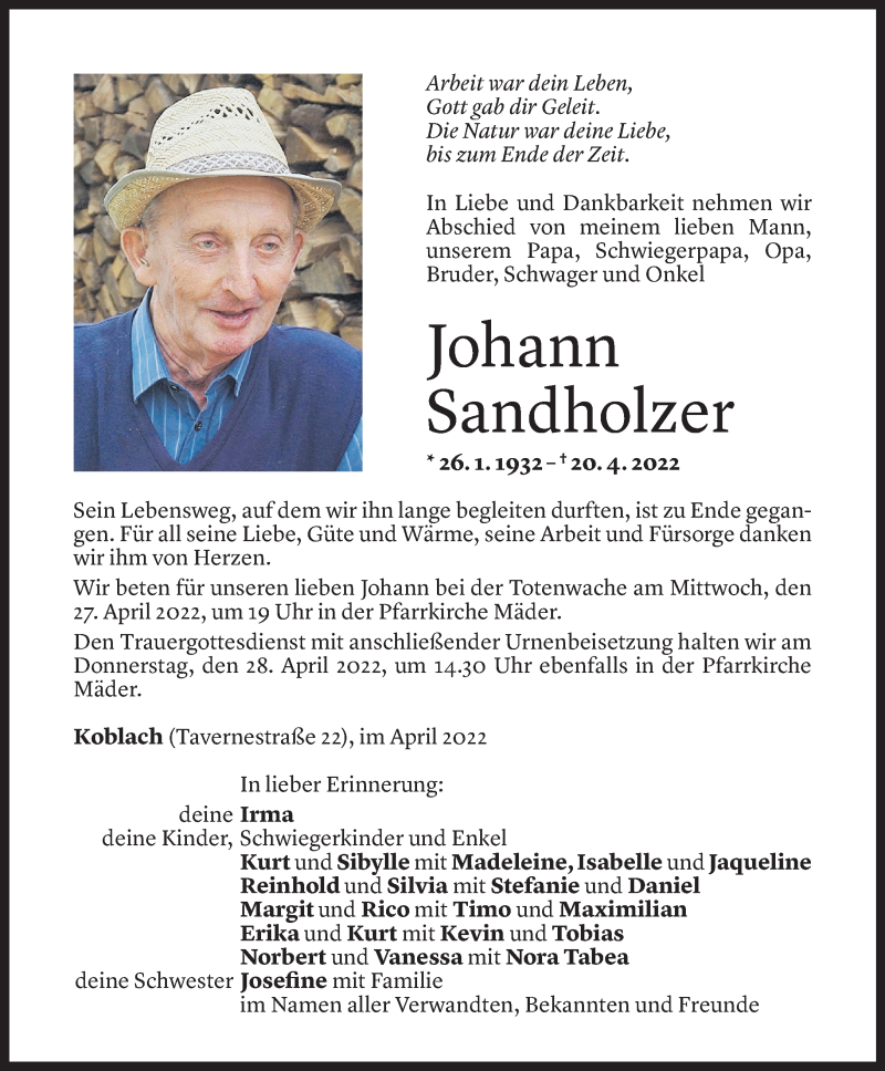  Todesanzeige für Johann Sandholzer vom 22.04.2022 aus Vorarlberger Nachrichten
