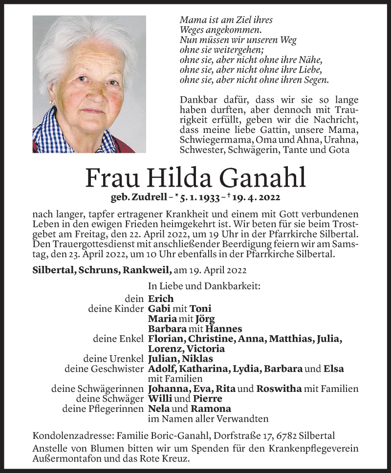  Todesanzeige für Hilda Ganahl vom 20.04.2022 aus vorarlberger nachrichten