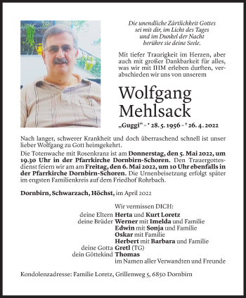 Todesanzeige von Wolfgang Mehlsack von Vorarlberger Nachrichten