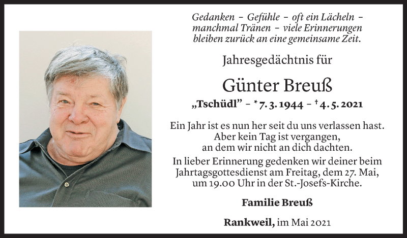  Todesanzeige für Günter Breuß vom 25.05.2022 aus vorarlberger nachrichten