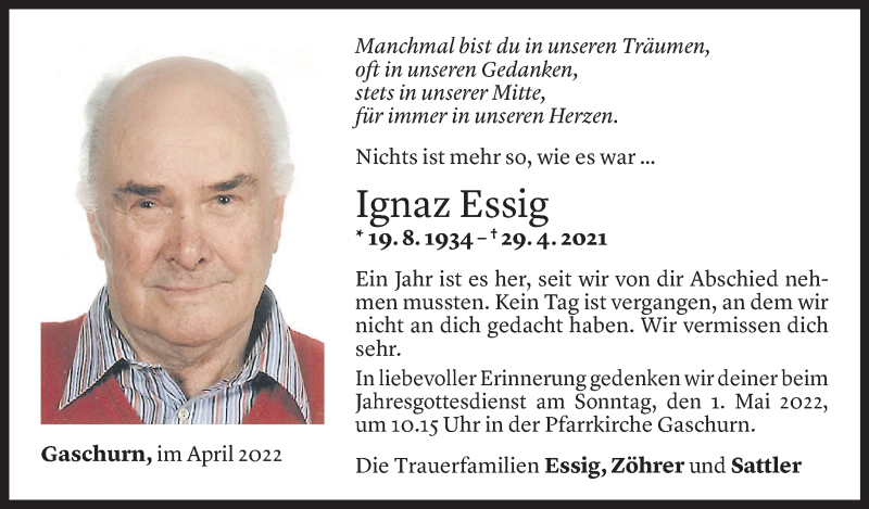  Todesanzeige für Ignaz Essig vom 28.04.2022 aus vorarlberger nachrichten