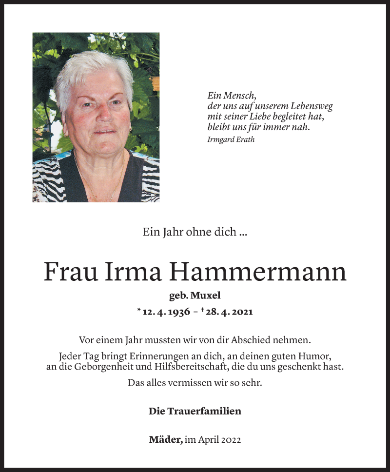  Todesanzeige für Irma Hammermann vom 28.04.2022 aus Vorarlberger Nachrichten