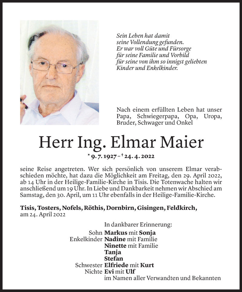  Todesanzeige für Elmar Maier vom 26.04.2022 aus vorarlberger nachrichten