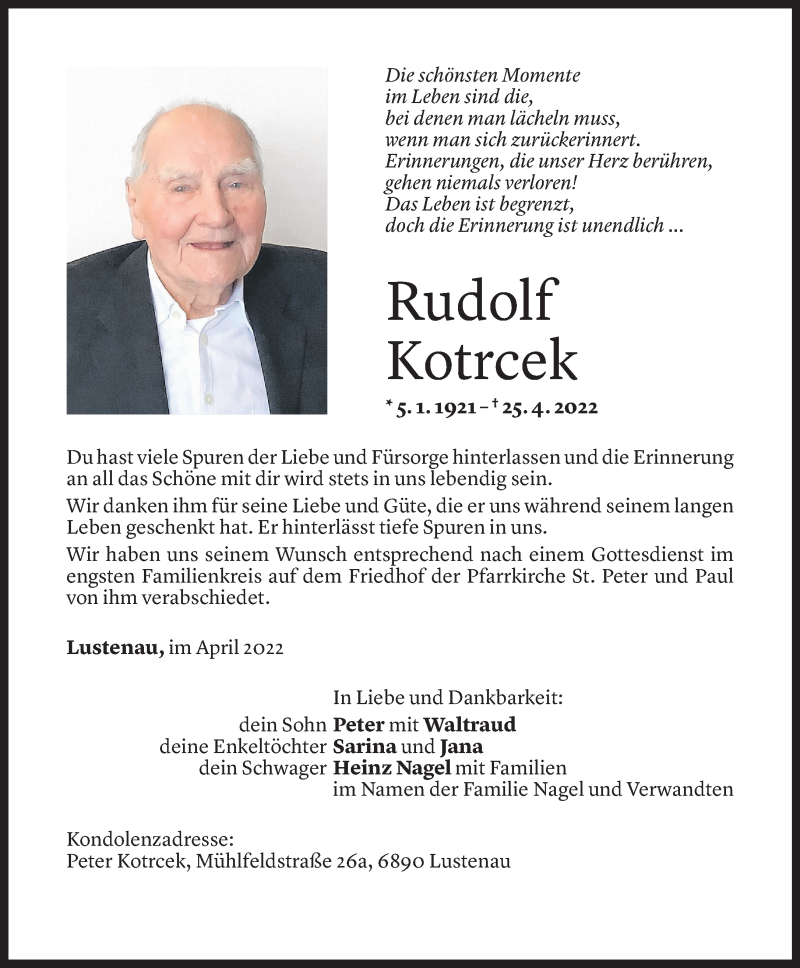  Todesanzeige für Rudolf Kotrcek vom 29.04.2022 aus Vorarlberger Nachrichten