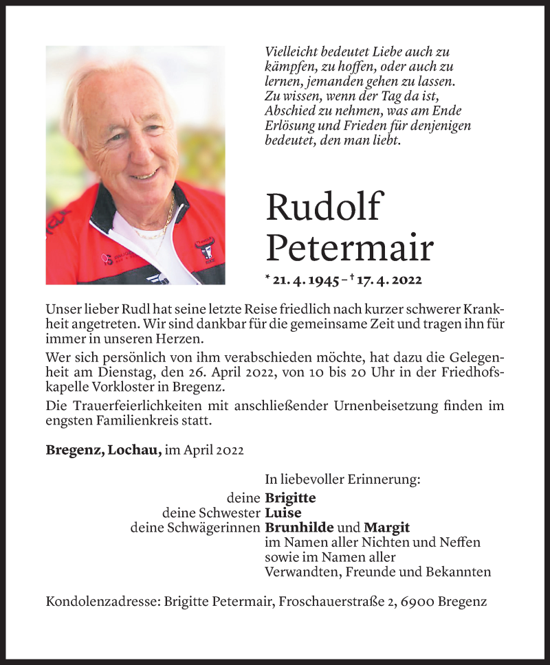  Todesanzeige für Rudolf Petermair vom 22.04.2022 aus Vorarlberger Nachrichten