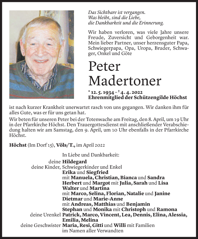  Todesanzeige für Peter Madertoner vom 05.04.2022 aus vorarlberger nachrichten